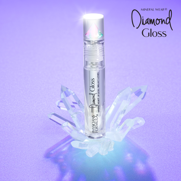 1712802 Mineral Wear Diamond Gloss | front product view with purple and diamond background | image text: Mineral Wear Diamond Gloss