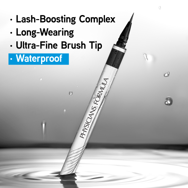 1712803 Eye Booster Super Slim Liquid Eyeliner | open product with wet, gray background | image text: Lash-Boosting Complex, Long-Wearing, Ultra-Fine Brush Tip, Waterproof