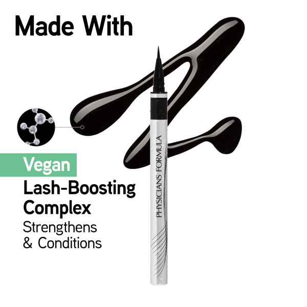 1712803 Eye Booster Super Slim Liquid Eyeliner | open product view with swatch and white background | image text: Made With, Vegan, Lash-Boosting Complex, Strengthens & Conditions