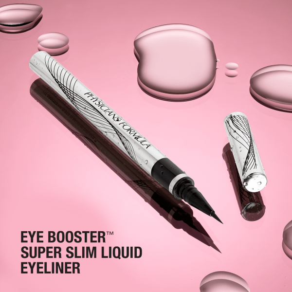 1712803 Eye Booster Super Slim Liquid Eyeliner | open product view on wet, rose pink background