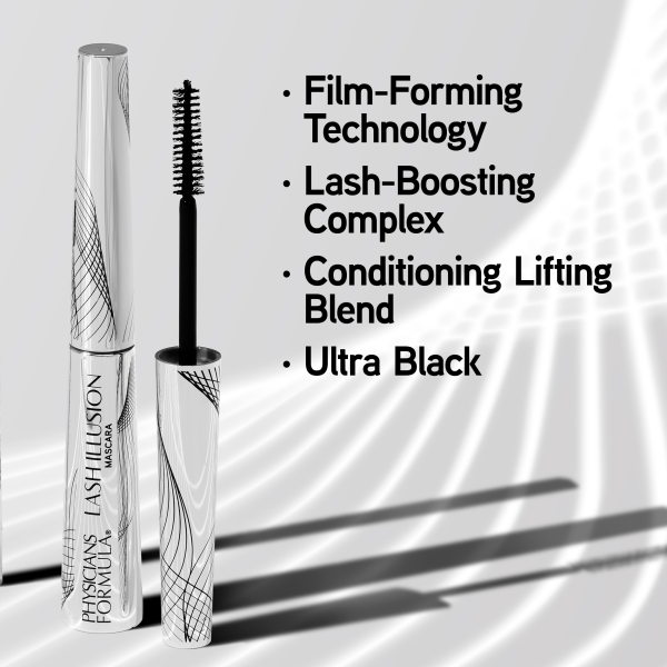 1712804 Eye Booster Lash Illusion | open product view on white and shadowed background | image text: film-forming technology, Lash-Boosting Complex, Conditioning Lifting Blend, Ultra Black