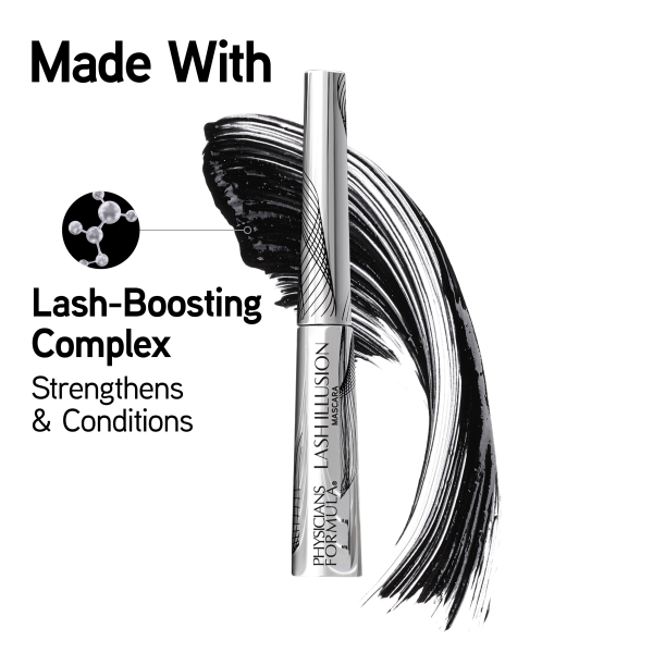 1712804 Eye Booster Lash Illusion Mascara | front product view with swatch on white background | image text: Made With Lash-Boosting Complex Strengthens & Conditions