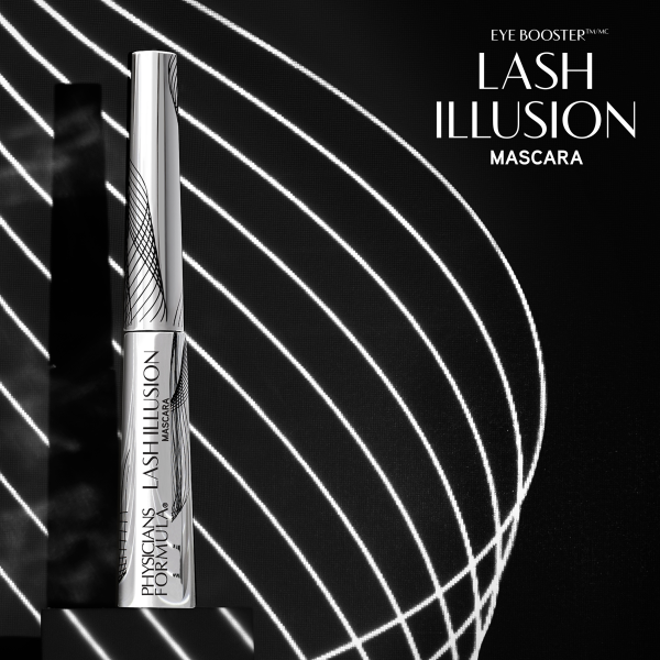 1712804 Eye Booster Lash Illusion Mascara | front product view with white graphic details on black background