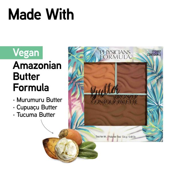 1712857 Butter Bronzer Contour Palette | front product view with Butter Formula graphic on white background | image text: Made With Vegan Amazonian Butter Formula Murumuru Butter, Cupuacu Butter, Tucuma Butter