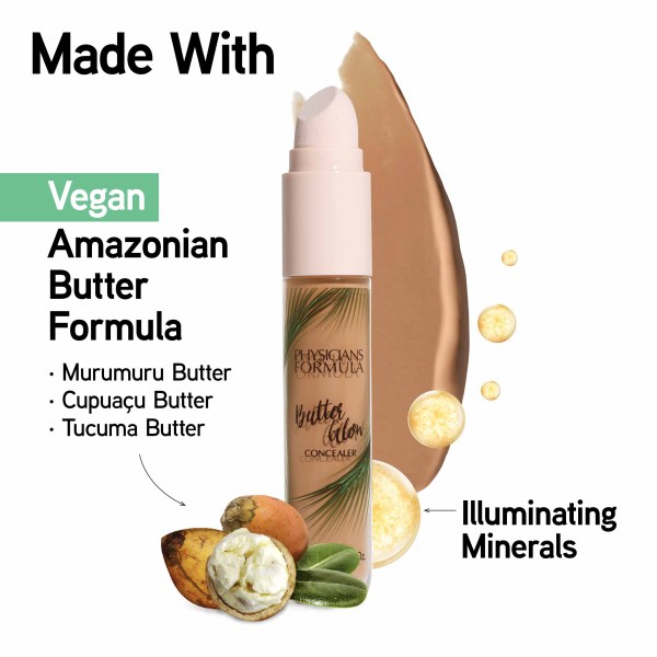 1740870 Butter Glow Concealer | Shade: Tan-to-Deep | front open product view with swatch and butter complex & illuminating minerals graphics | Image Text: Vegan Amazonian Butter Formula Murumuru Butter, Cupuacu Butter, Tucuma Butter, Illuminating Minerals