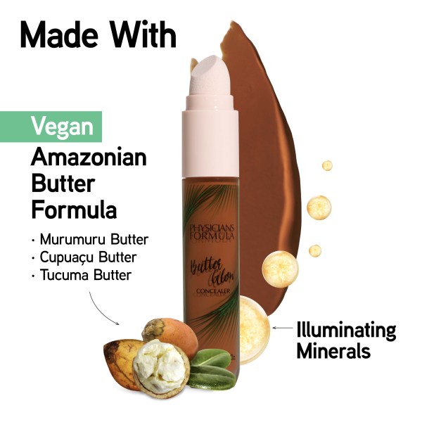 1740872 Butter Glow Concealer | Shade: Rich | front open product view with swatch and butter complex & illuminating minerals graphics | Image Text: Vegan Amazonian Butter Formula Murumuru Butter, Cupuacu Butter, Tucuma Butter, Illuminating Minerals