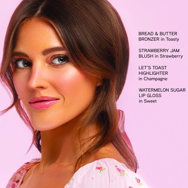 Model wearing Bread & Butter Collection. Bread & Butter in Toasty. Strawberry Jam Blush in Strawberry. Let's Toast Highlighter in Champagne. Watermelon Sugar Lip Gloss in Sweet