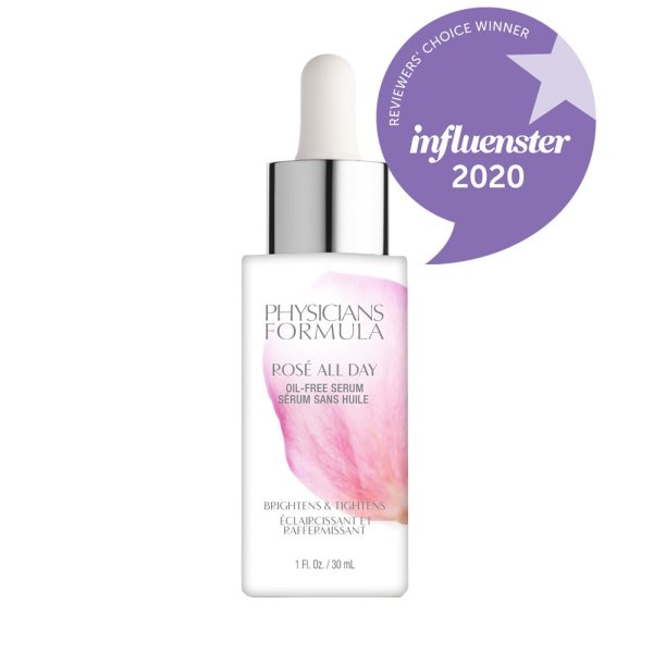 Rosé All Day Oil-Free Serum Front View with purple Influenster 2020 label on white background