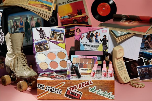 The Breakfast Club Collection Open Product View on pink background with retro imagery surrounding products