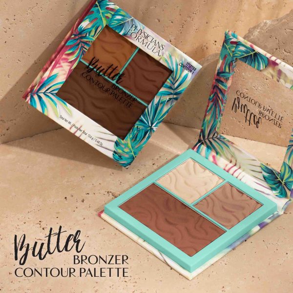 Butter Bronzer Palette | Pictured in shades Contour 1 and Contour 2 | Contour 1 in front, side open view and Contour 2 in front closed view on tan background