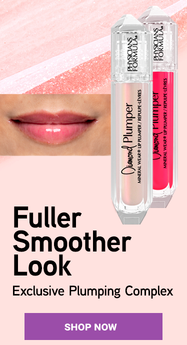 Mineral Wear Diamond Plumper front product view featured with swatch and closeup of model's lips | Image Text: Fuller Smoother Look Exclusive Plumping Complex SHOP NOW