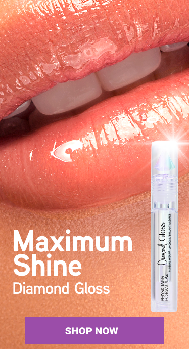 Mineral Wear Diamond Gloss front product view with closeup of lips as background | Image Text: Maximum Shine Diamond Gloss SHOP NOW