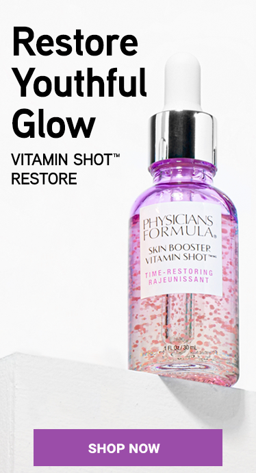 PF10993 Skin Booster Vitamin Shot - Time-Restoring | Product Ad View showing front of product on white ledge & background | Image Text: Restore Youthful Glow Vitamin Shot* Restore SHOP NOW