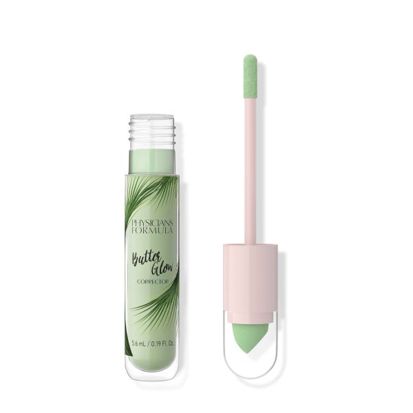 1741095 Butter Glow Corrector | open product view in shade Green on white background, doe foot applicator shown