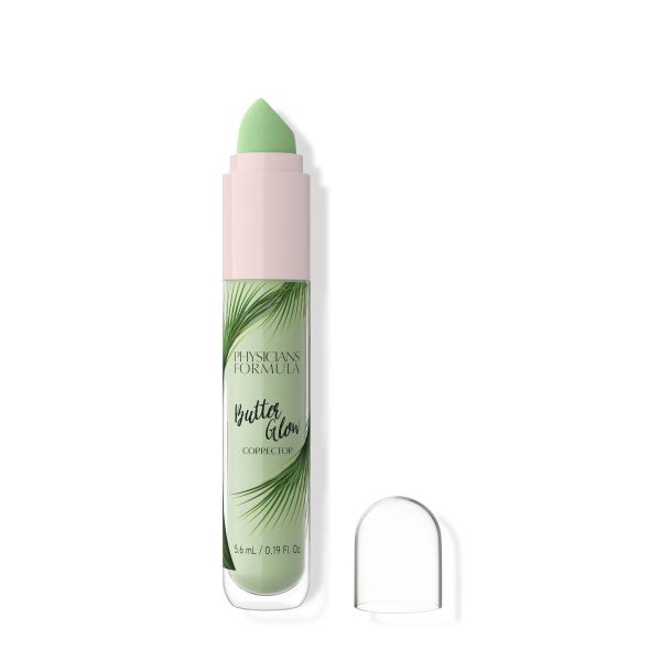 1741095 Butter Glow Corrector | open product view in shade Green on white background, sponge applicator shown
