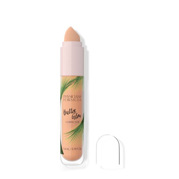 1741096 Butter Glow Corrector | open product view in shade Peach on white background, sponge applicator shown